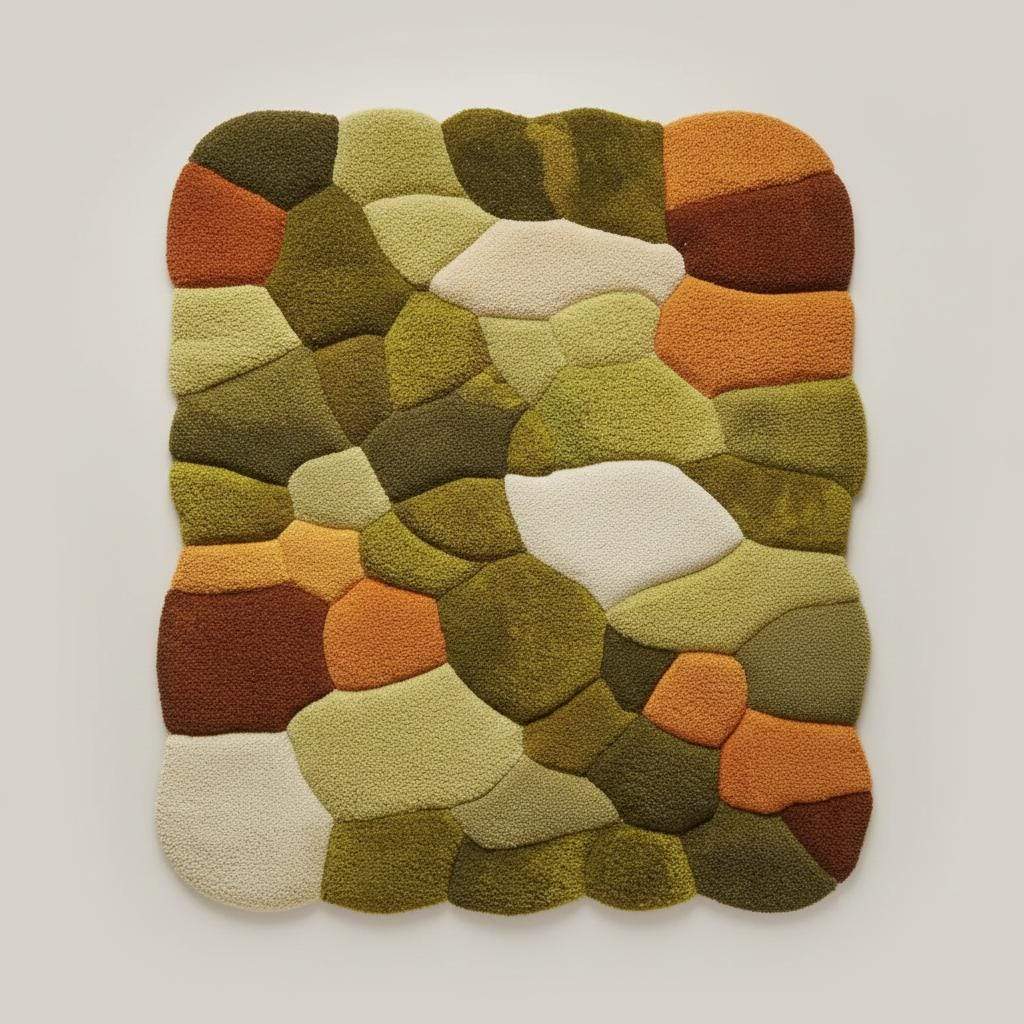 Hand tufted pebble rug in moss green and burnt orange with textured high pile, boho mid-century style carpet