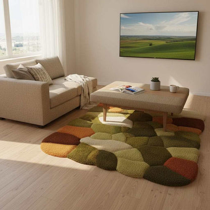Hand tufted rug with moss green and burnt orange pebble texture, boho mid-century style carpet