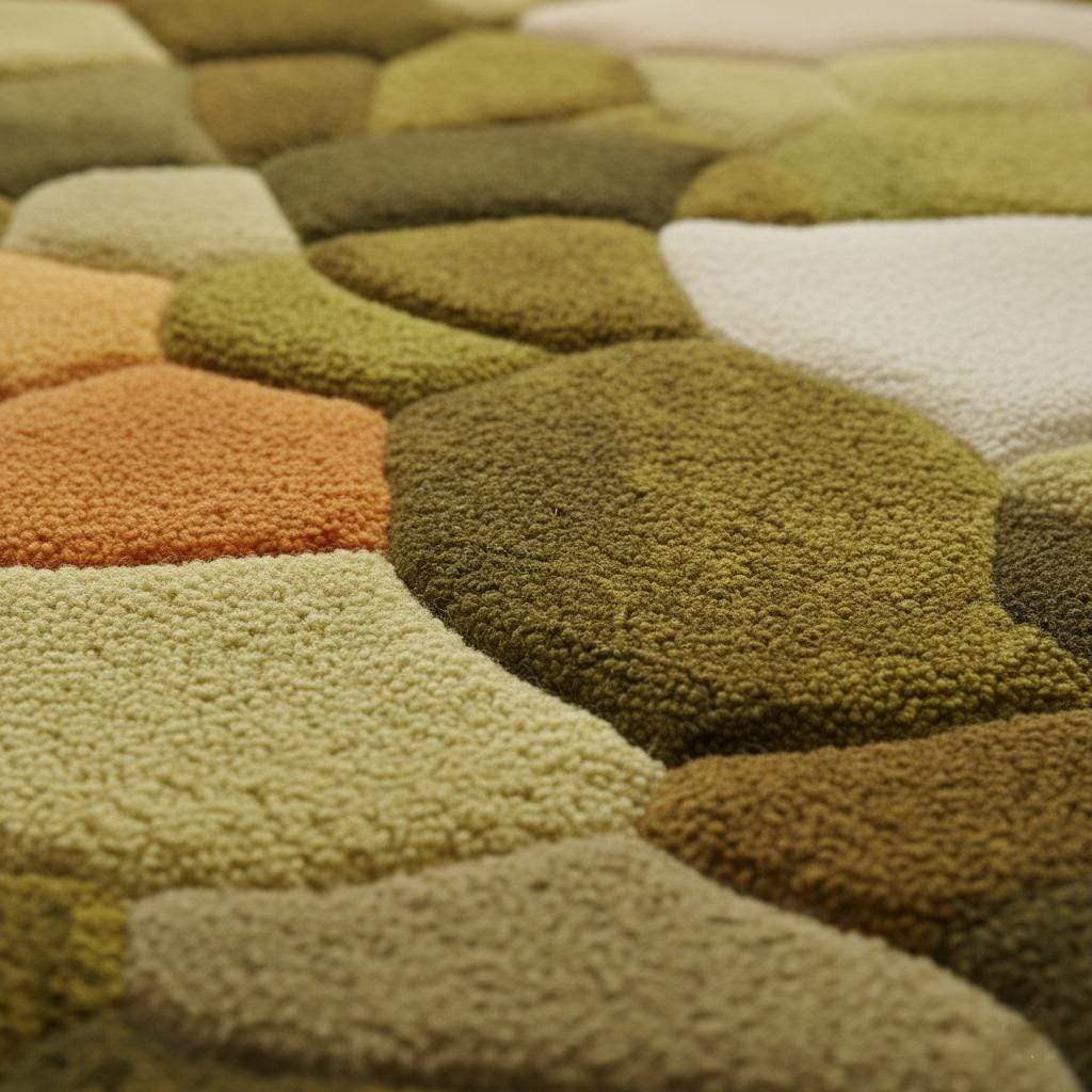 Hand tufted pebble rug in moss green and burnt orange with textured high pile for boho mid-century decor