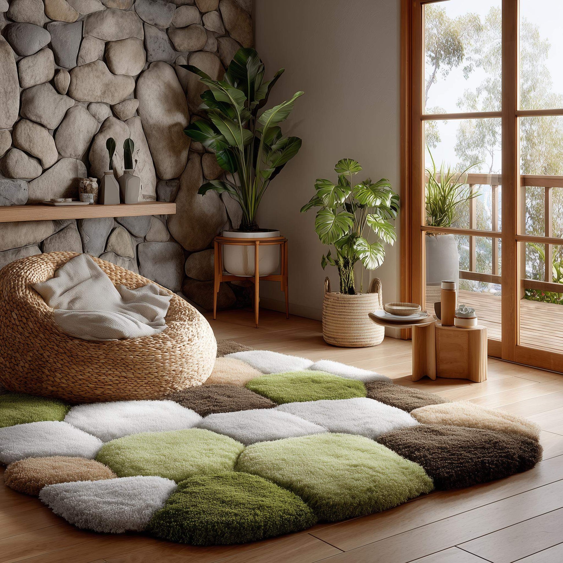 Hand-tufted wool rug with irregular organic shape and earth tone palette, featuring dense pile and multi-level texture for durability and style