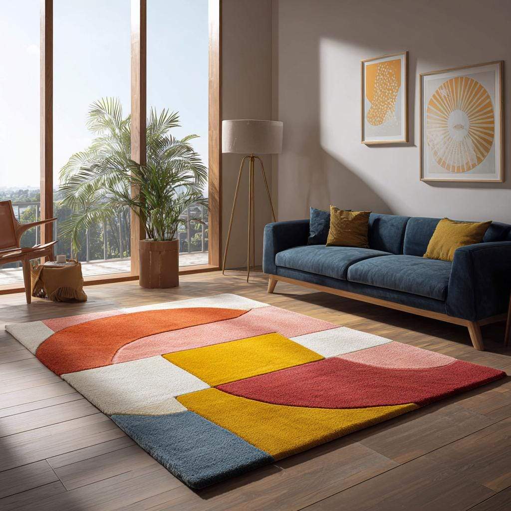 Hand-tufted wool rug with abstract organic shapes and plush dense pile in vibrant colors for modern decor