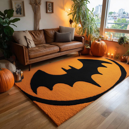 Hand-tufted wool rug with black bat silhouette on pumpkin orange background for Halloween decor