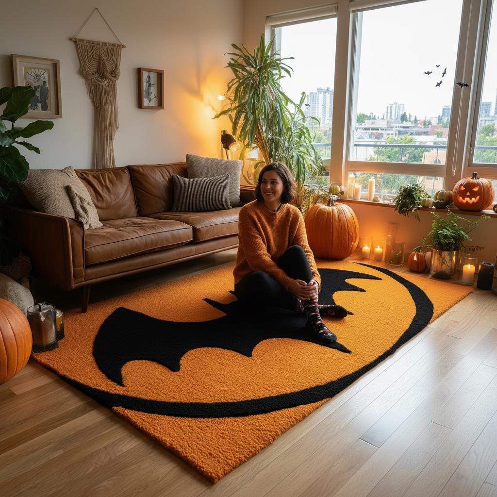 Hand-Tufted Wool Bat Rug: Halloween Gothic Decor, Orange & Black