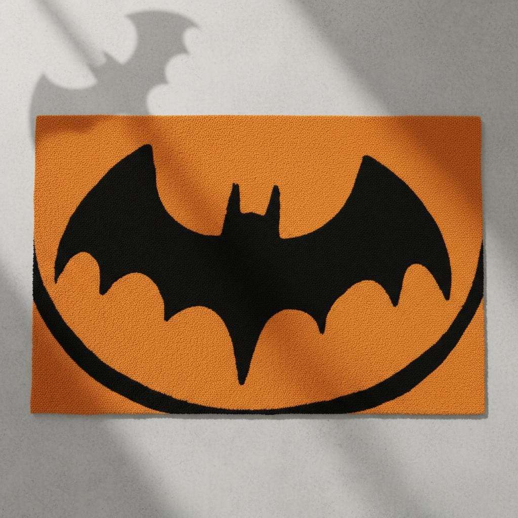 Hand-Tufted Wool Bat Rug: Halloween Gothic Decor, Orange & Black