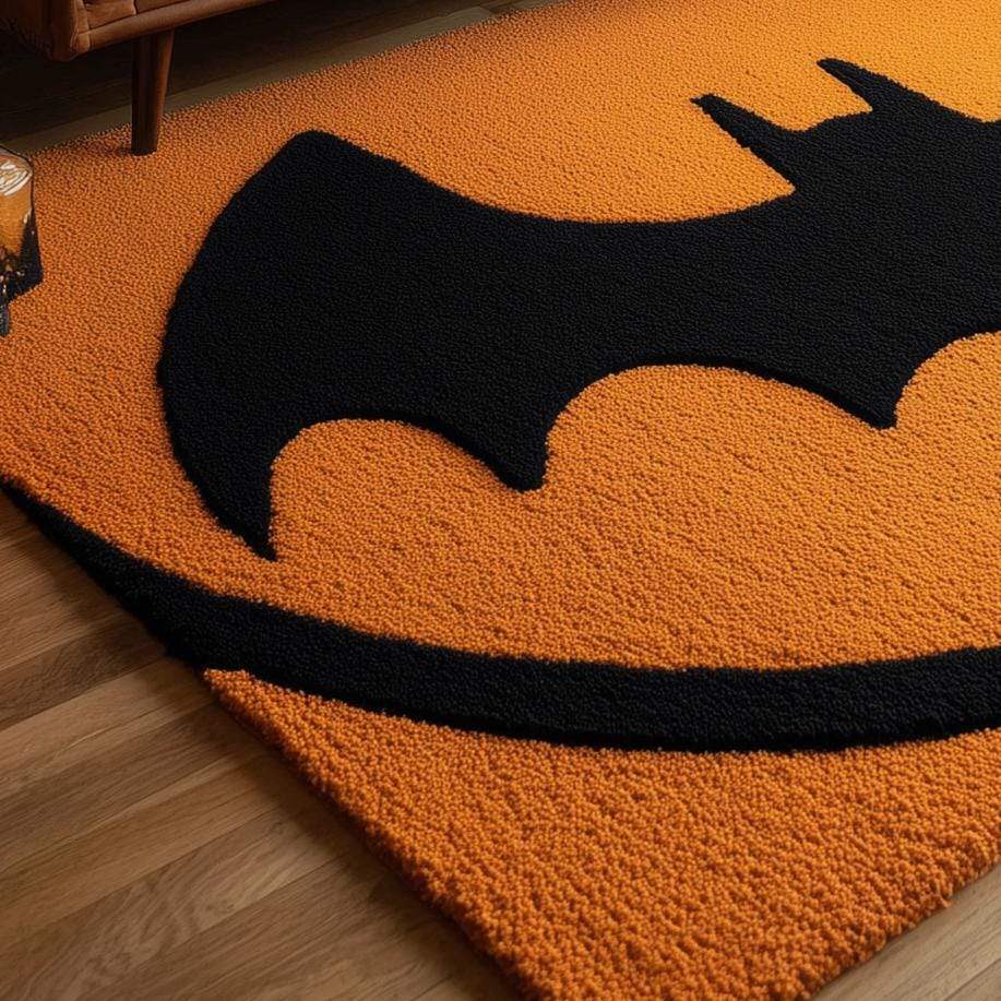 Hand-Tufted Wool Bat Rug: Halloween Gothic Decor, Orange & Black