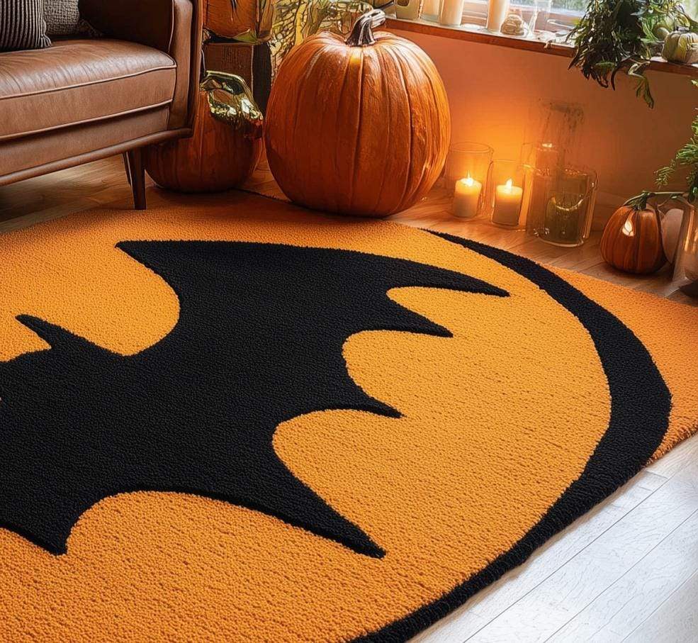 Hand-Tufted Wool Bat Rug: Halloween Gothic Decor, Orange & Black