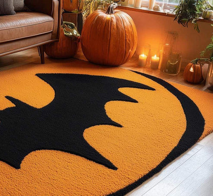 Hand-Tufted Wool Bat Rug: Halloween Gothic Decor, Orange & Black