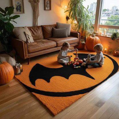 Hand-Tufted Wool Bat Rug: Halloween Gothic Decor, Orange & Black