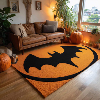 Hand-Tufted Wool Bat Rug: Halloween Gothic Decor, Orange & Black
