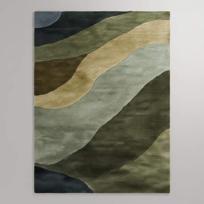 Hand tufted wool rug with abstract landscape design in earth tones for modern living rooms