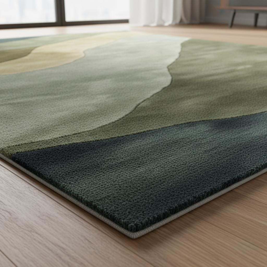 Hand tufted wool rug with abstract landscape design in forest green and earth tones