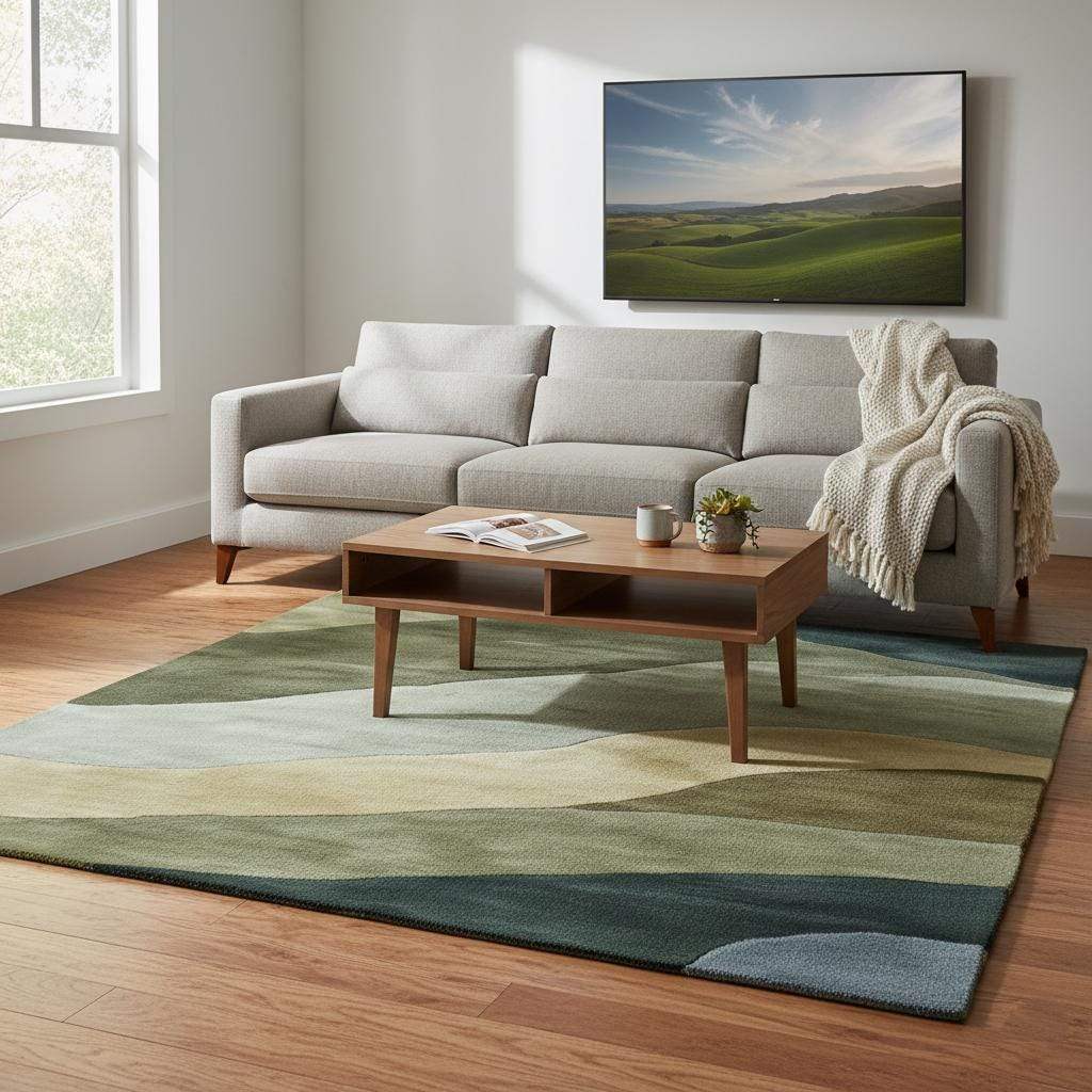 Hand tufted wool rug with abstract landscape design in earthy green tones for modern living spaces