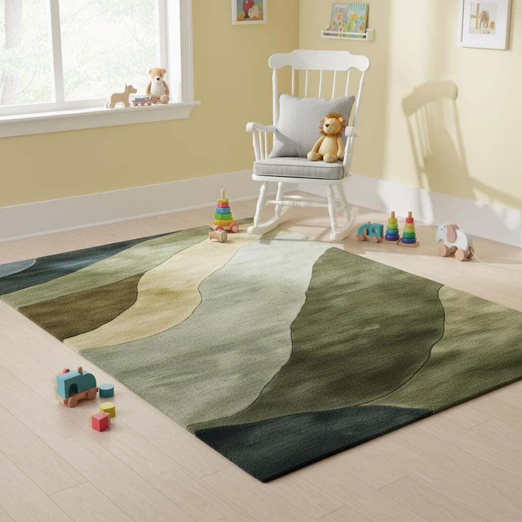 Hand tufted wool rug with abstract landscape design in earthy green tones for modern Scandinavian and Japandi interiors