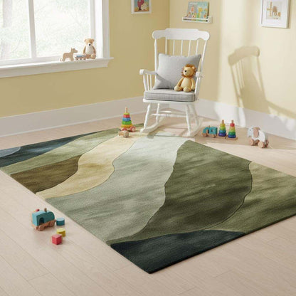 Hand tufted wool rug with abstract landscape design in earthy green tones for modern Scandinavian and Japandi interiors