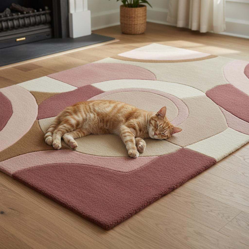 Hand-Tufted Wool Rug – Pastel Pink Art Deco Geometric Carpet