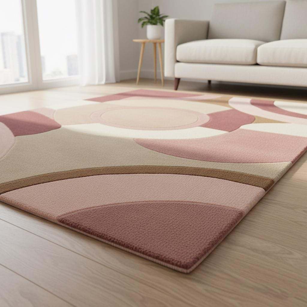 Hand-Tufted Wool Rug – Pastel Pink Art Deco Geometric Carpet