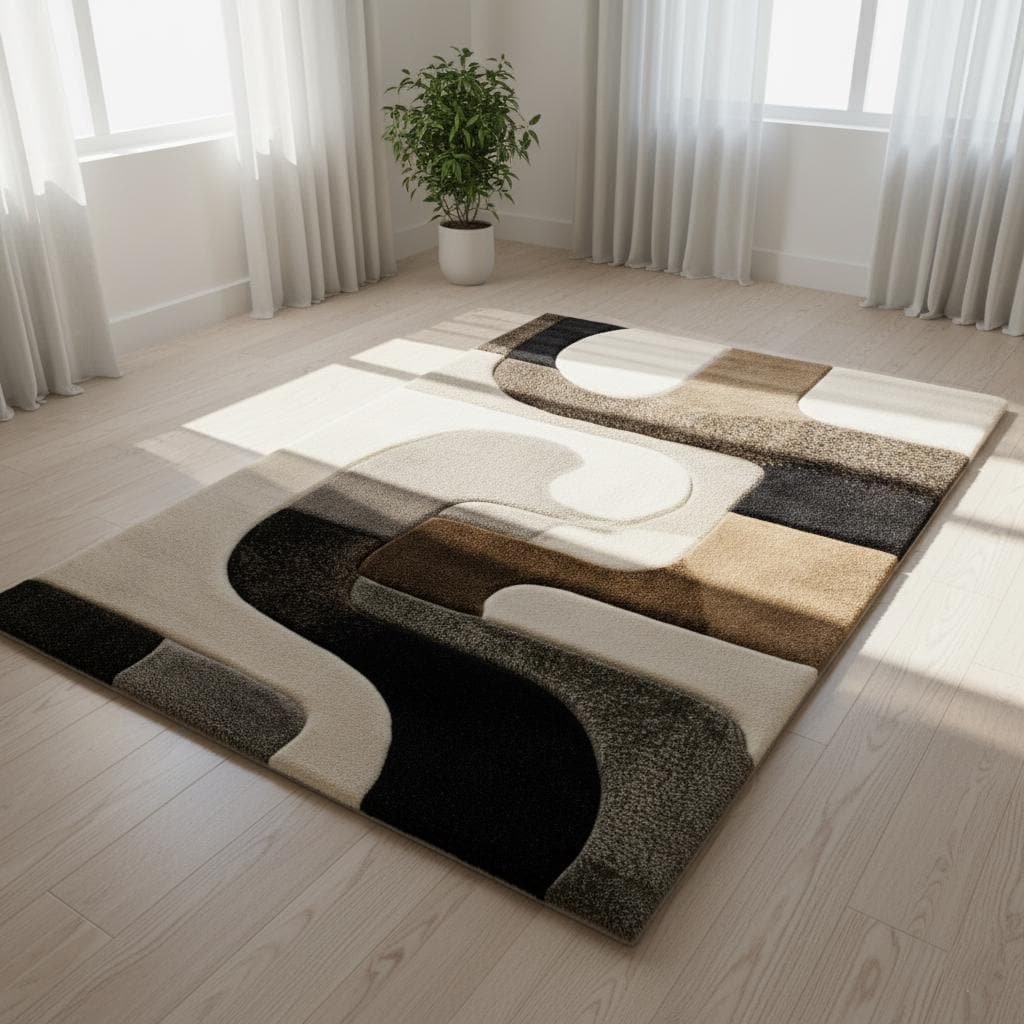 Hand Tufted Wool Rug: Abstract Geometric Ivory & Black Area Carpet Teppich