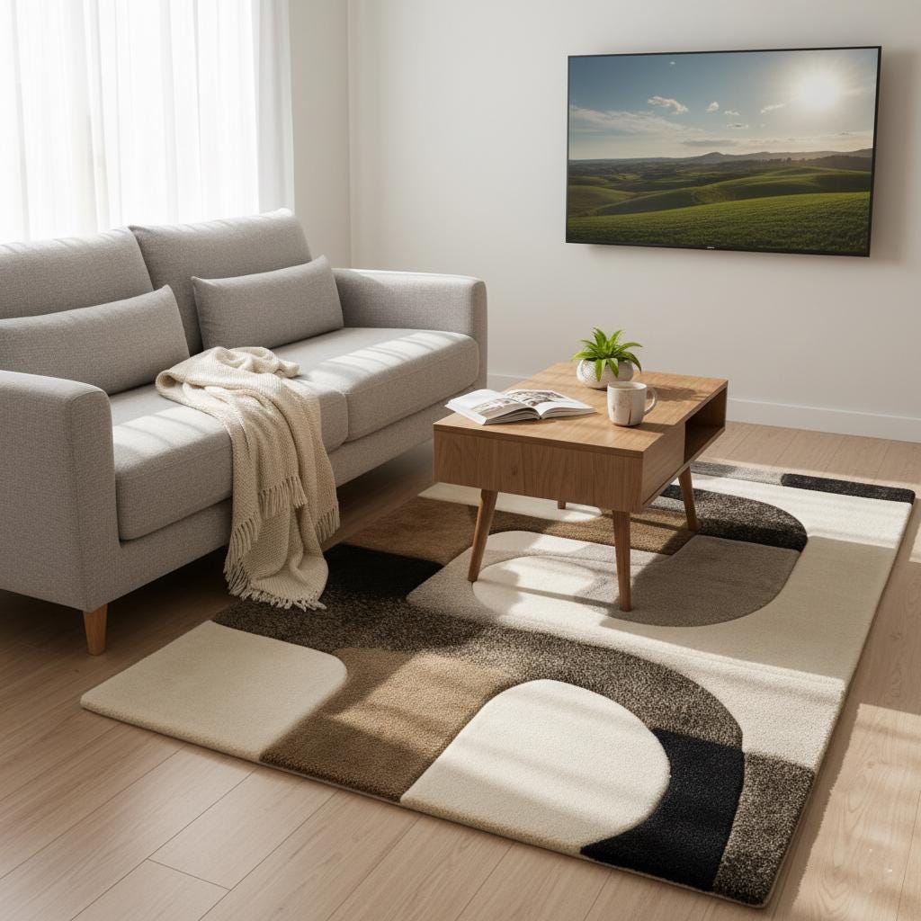 Hand Tufted Wool Rug: Abstract Geometric Ivory & Black Area Carpet Teppich