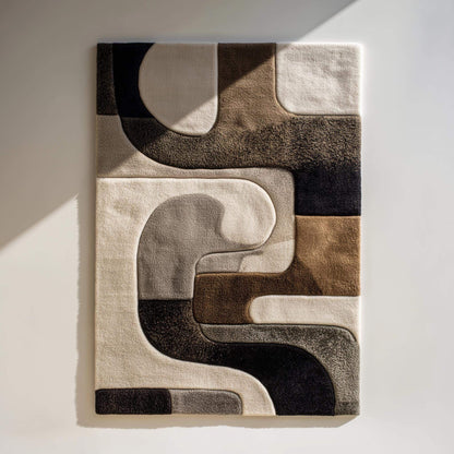 Hand tufted wool rug with abstract black geometric design on ivory background and plush high-low texture