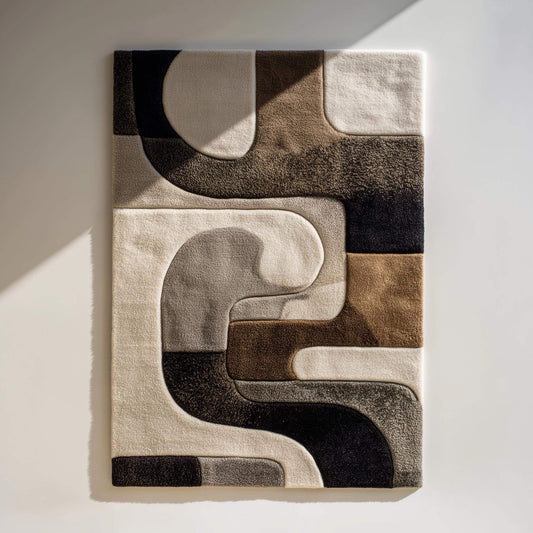 Hand tufted wool rug with abstract black geometric design on ivory background and plush high-low texture