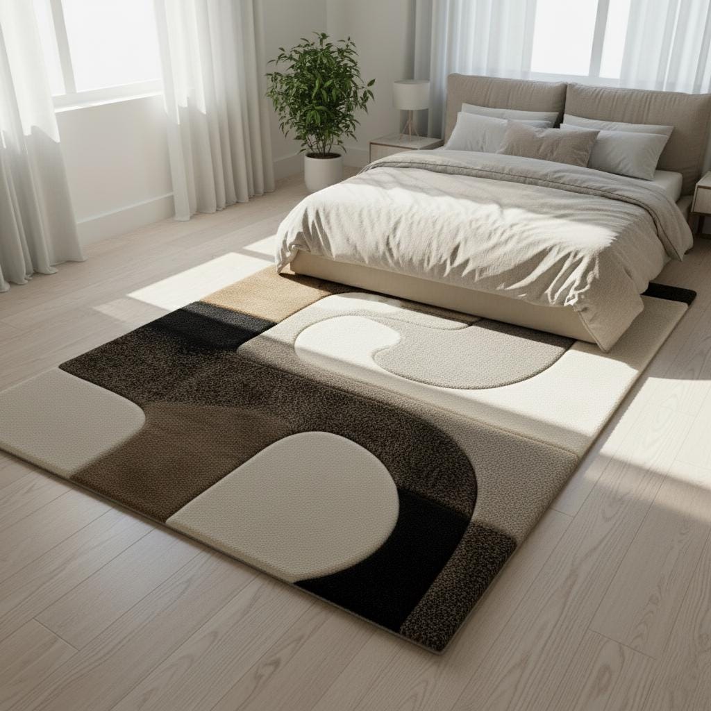 Hand Tufted Wool Rug: Abstract Geometric Ivory & Black Area Carpet Teppich