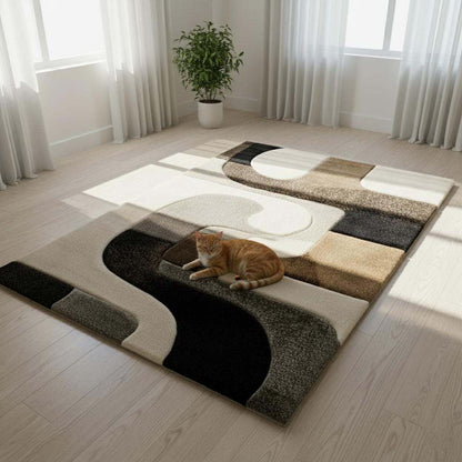 Hand tufted wool rug with abstract black geometric design on ivory background and high-low texture
