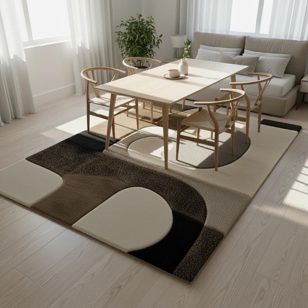 Hand Tufted Wool Rug: Abstract Geometric Ivory & Black Area Carpet Teppich