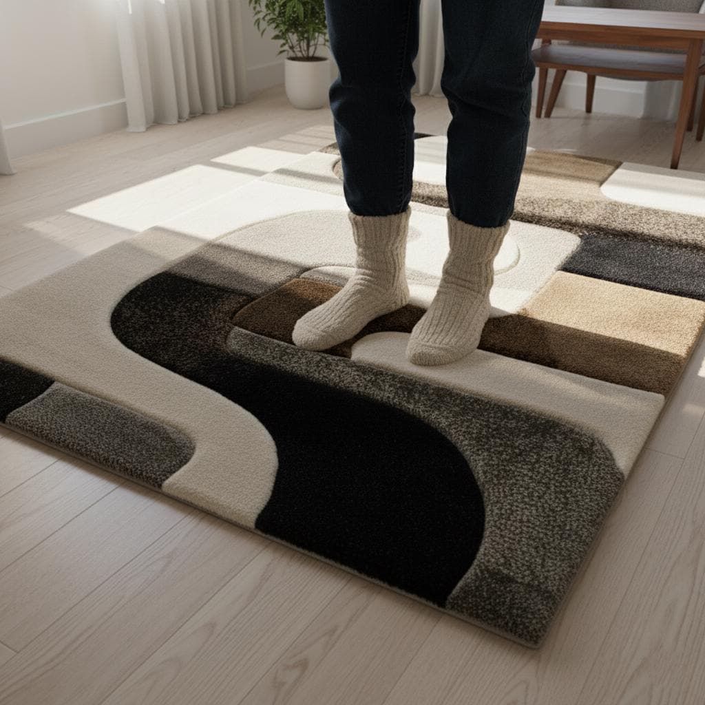 Hand Tufted Wool Rug: Abstract Geometric Ivory & Black Area Carpet Teppich