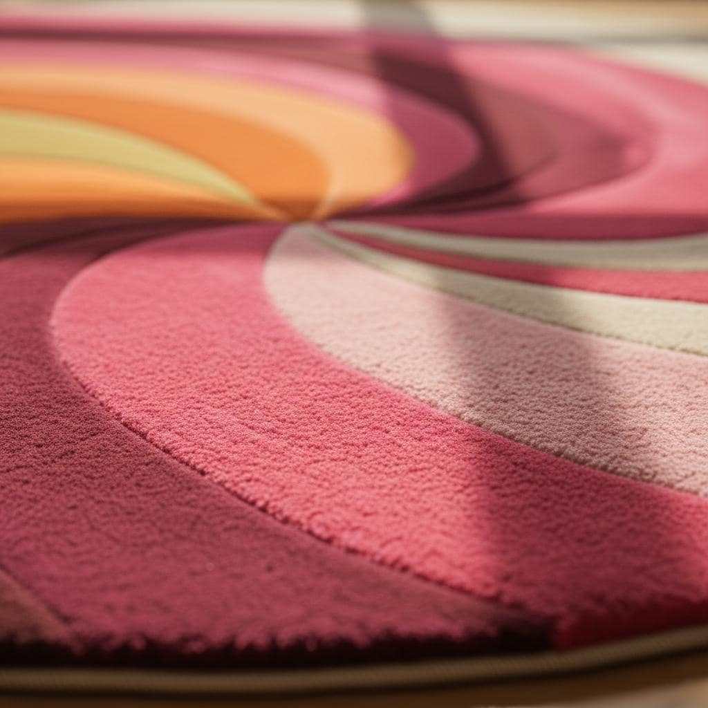 Hand-Tufted Round Wool Rug: Retro Swirl, 70s Boho Style