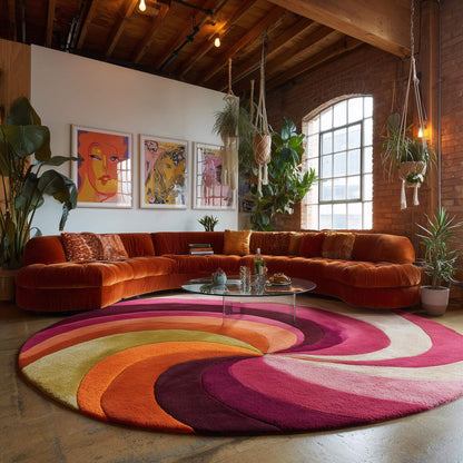 Hand-tufted round wool rug with vibrant retro swirl in pink, magenta, and orange colors