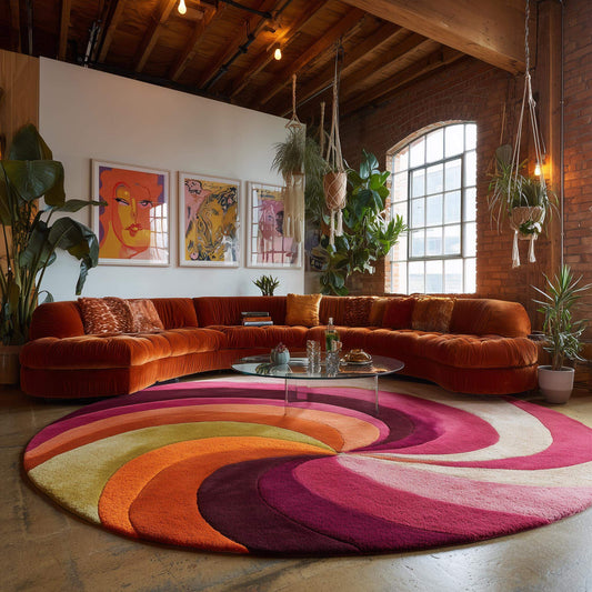 Hand-tufted round wool rug with vibrant retro swirl in pink, magenta, and orange colors