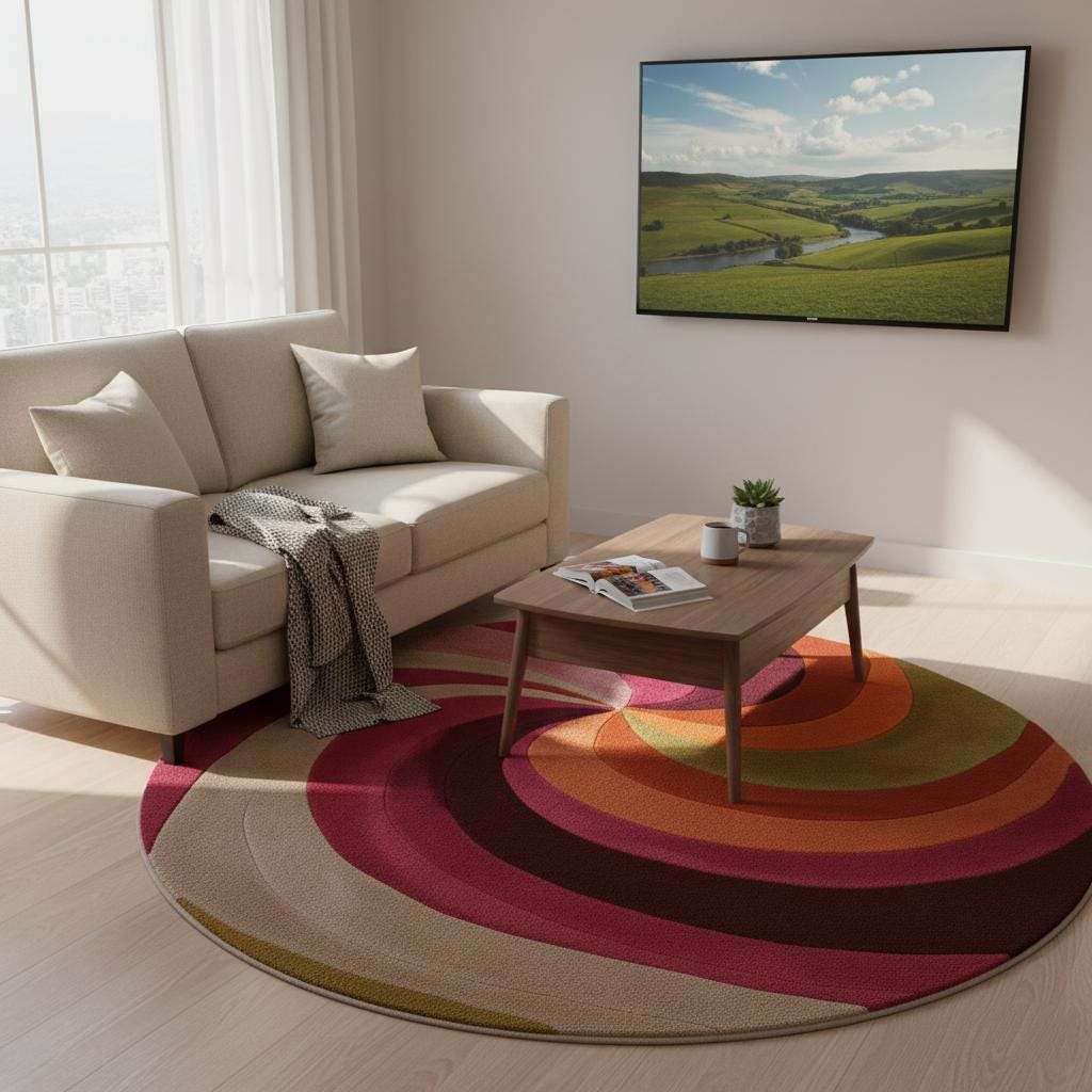 Colorful round area rug hand-tufted in wool, ideal as a statement living room rug or nursery centerpiece — warm magenta and coral tones.