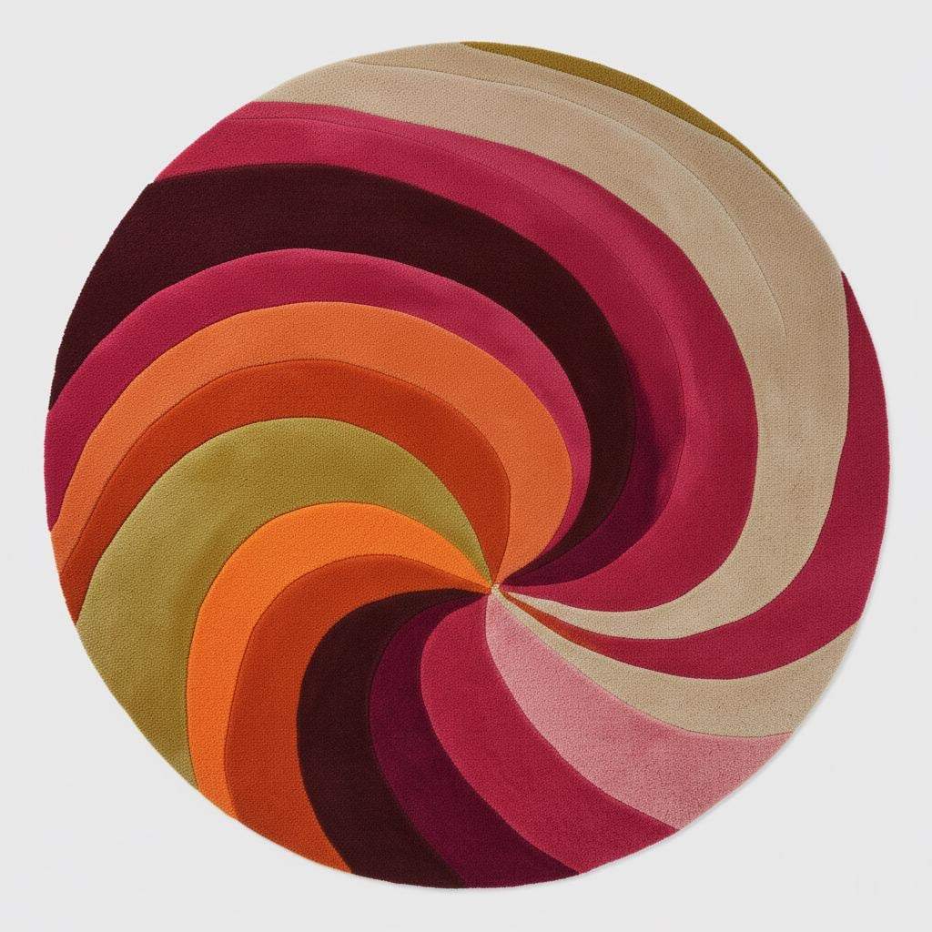 Circular 1970s inspired wool rug, bold pink and orange swirl, shown under a velvet sofa and hanging plants — mid-century modern decor idea.