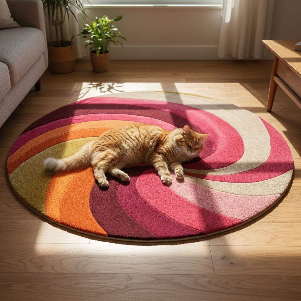 Hand-Tufted Round Wool Rug: Retro Swirl, 70s Boho Style
