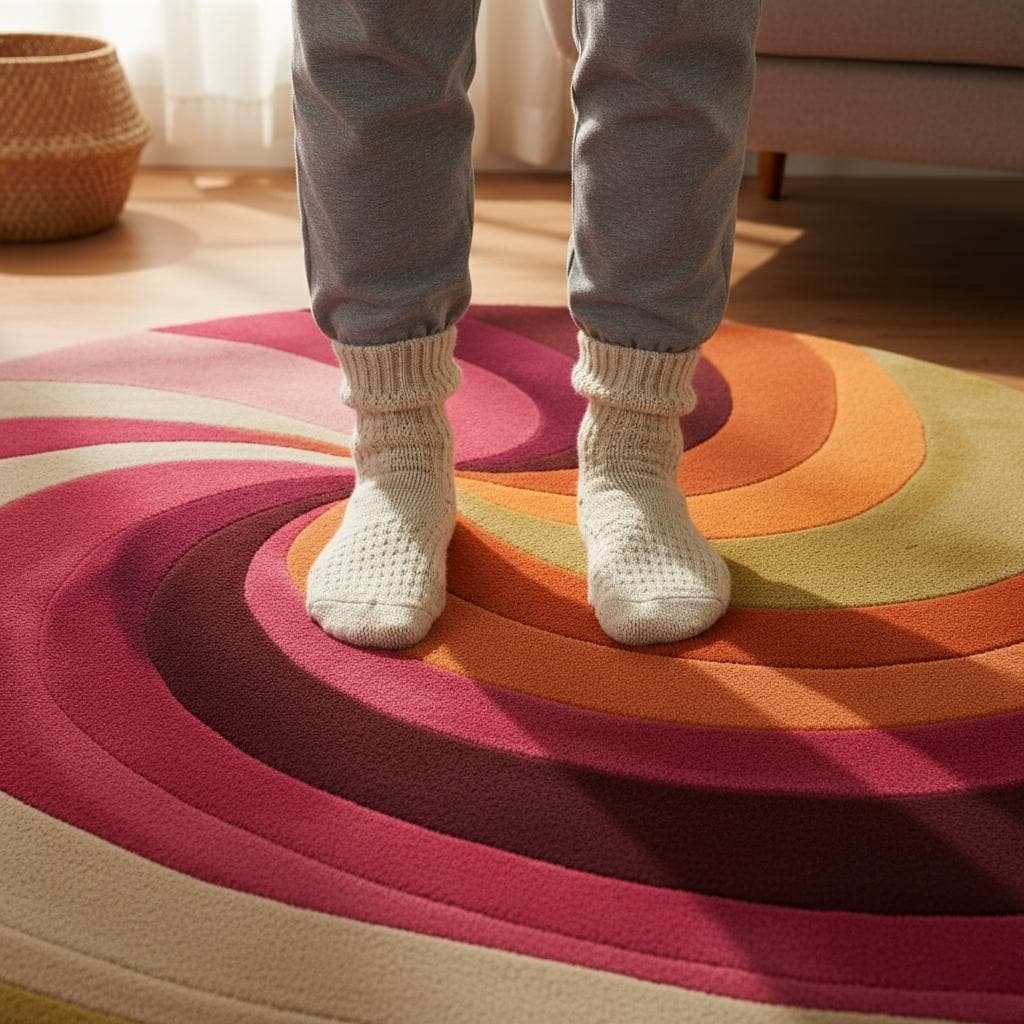 Boho round rug with layered swirl design in pink, fuchsia and orange — handmade wool area rug photographed in a loft with wood floors.
