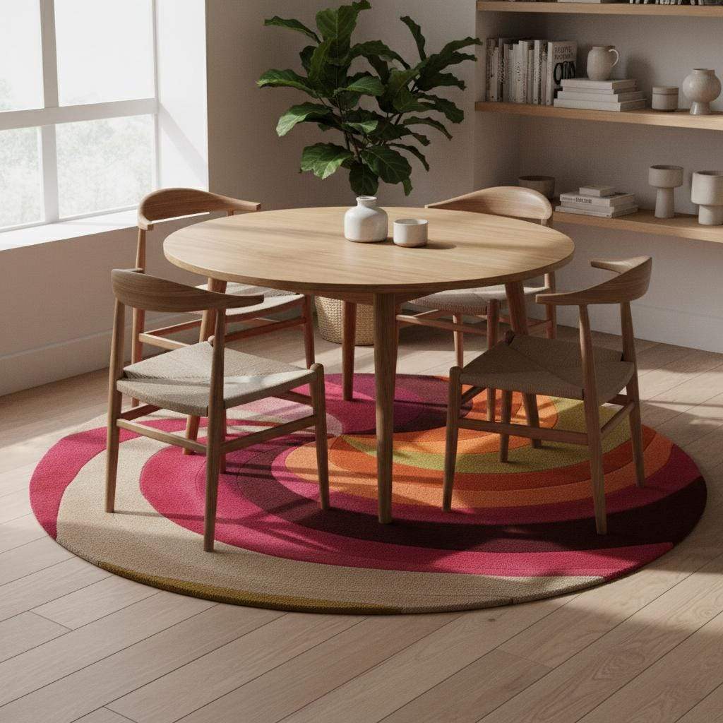 Retro swirl round rug — vibrant pink and orange wool rug for eclectic decor, pairs with velvet seating and indoor plants.