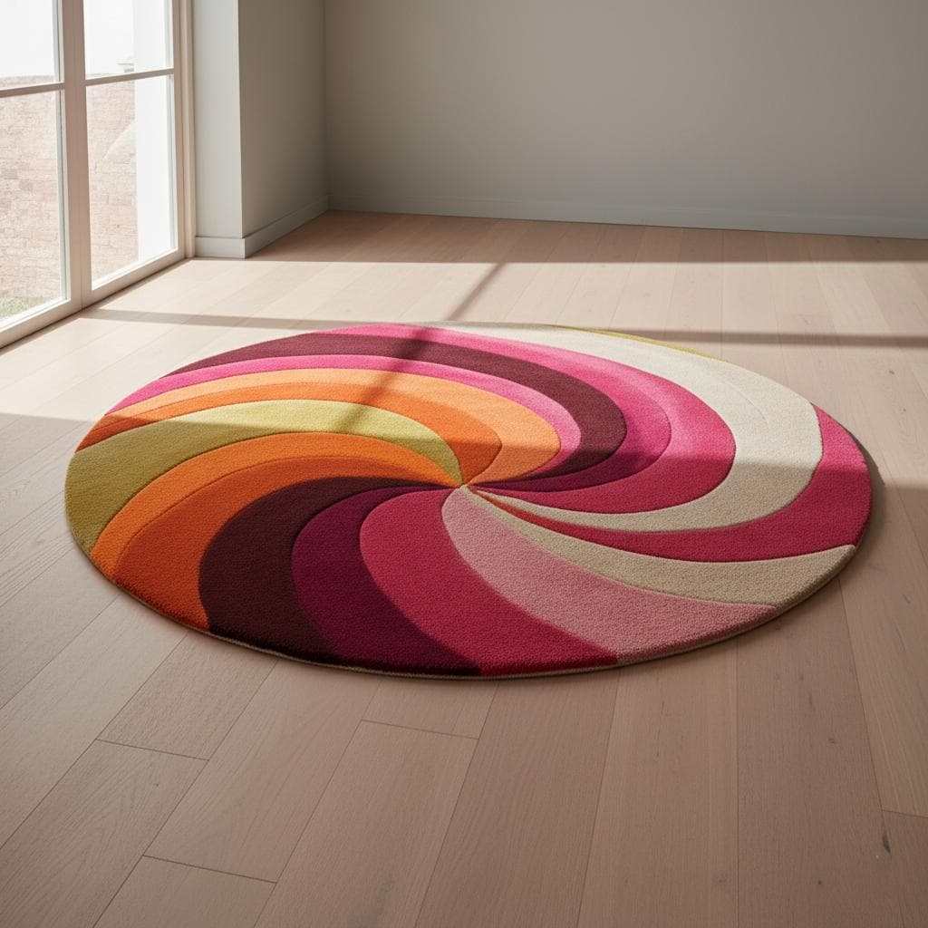 Handcrafted circular wool rug with bold spiral motif, modern boho and 70s inspired color palette — perfect housewarming gift.