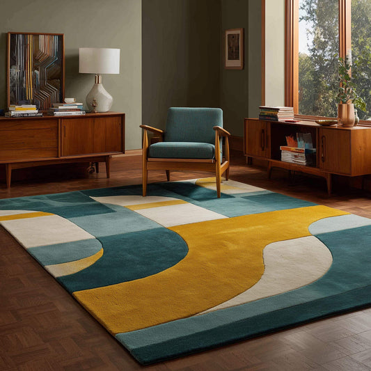 Hand-tufted wool rug with modern abstract geometric teal and mustard design
