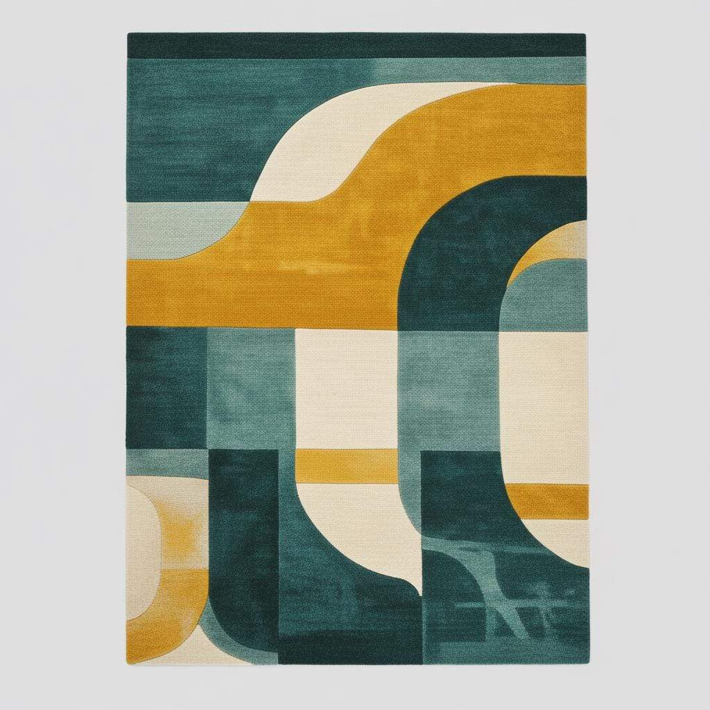 Detailed close-up of tufted wool rug pile showing raised loops and bold geometric colors.