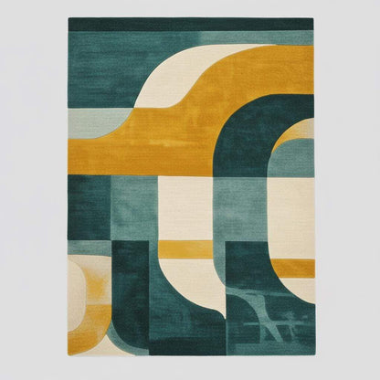 Detailed close-up of tufted wool rug pile showing raised loops and bold geometric colors.