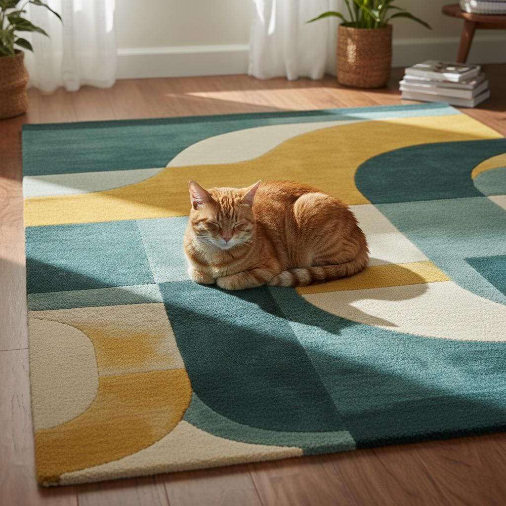 Modern geometric tufted rug styled with mid-century furniture for cohesive interior décor.