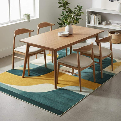 Hand-Tufted Wool Rug: Modern Abstract Geometric Teal & Mustard Carpet