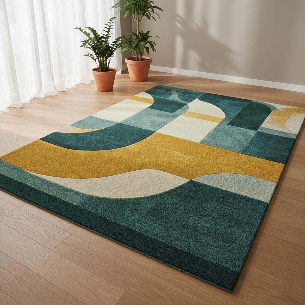 Hand-Tufted Wool Rug: Modern Abstract Geometric Teal & Mustard Carpet