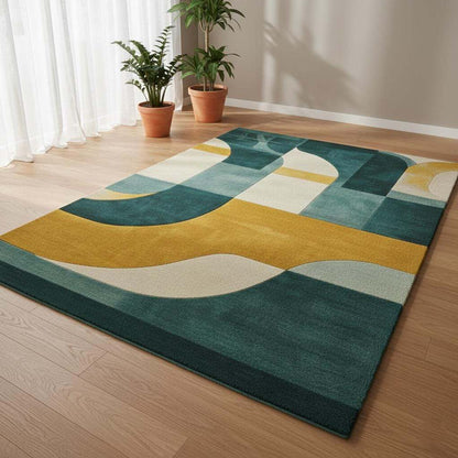 Hand-Tufted Wool Rug: Modern Abstract Geometric Teal & Mustard Carpet