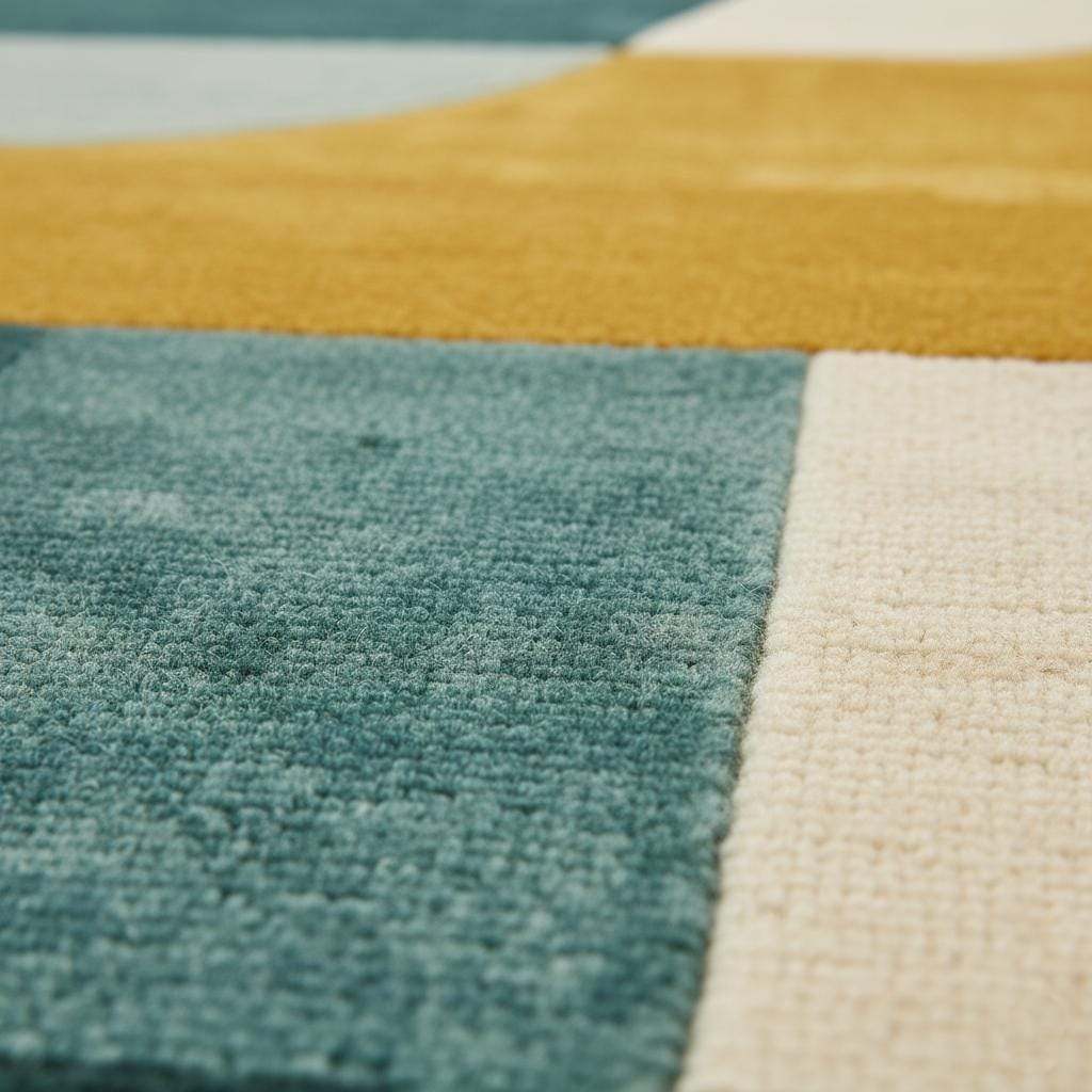 Hand-Tufted Wool Rug: Modern Abstract Geometric Teal & Mustard Carpet