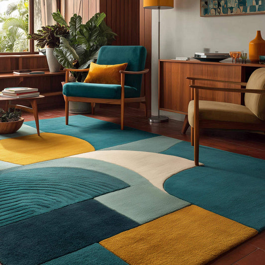 Hand-tufted wool rug with modern abstract teal and mustard geometric design