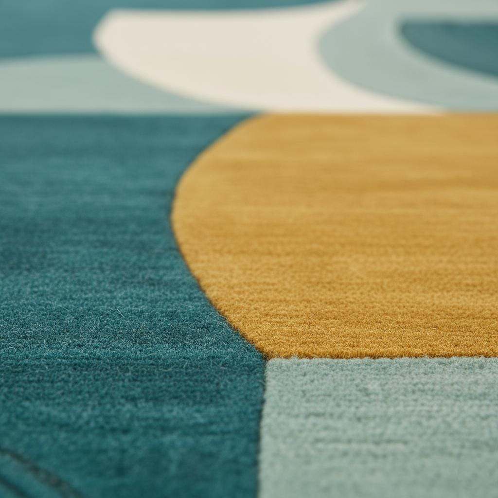 Close-up of tufted wool rug showing raised loops, soft wool texture, and vibrant geometric colors.