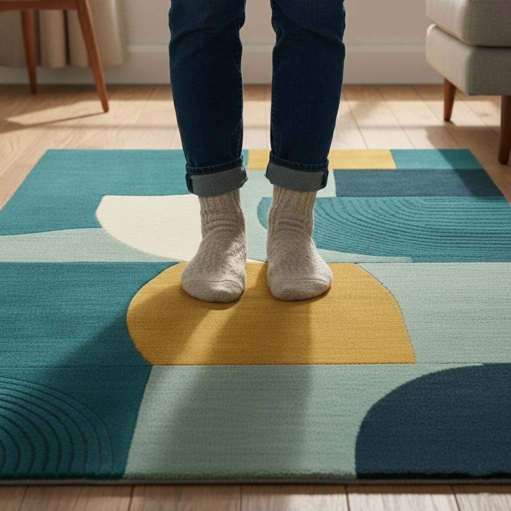 Hand-Tufted Wool Rug: Modern Abstract Teal and Mustard Carpet