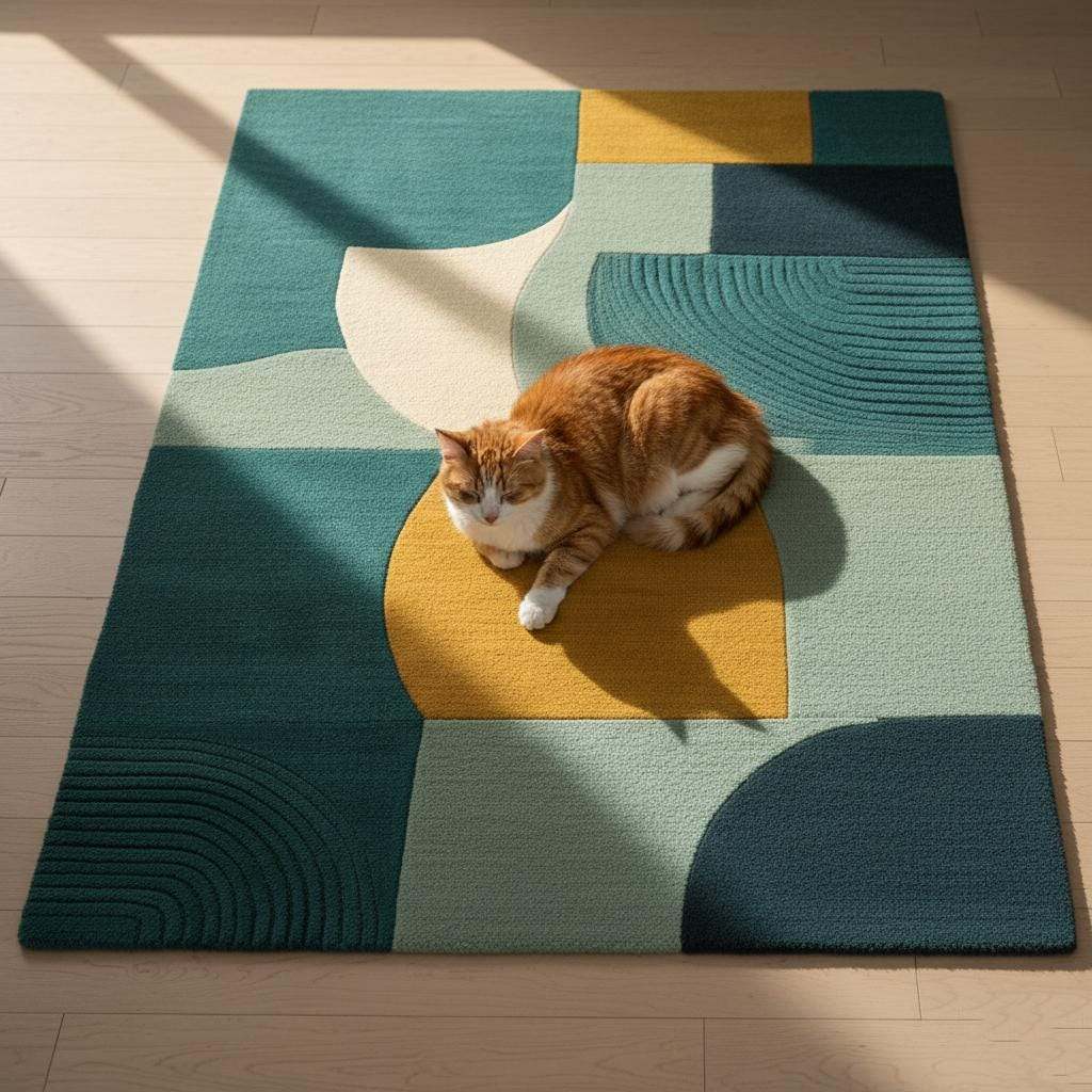 Flat lay of abstract tufted wool rug with plant, mug, and book for size reference.