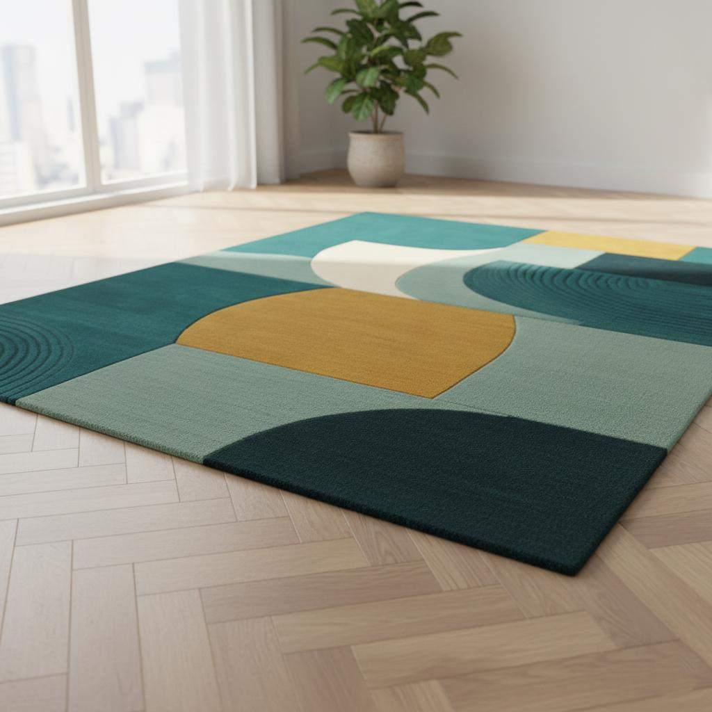Hand-Tufted Wool Rug: Modern Abstract Teal and Mustard Carpet
